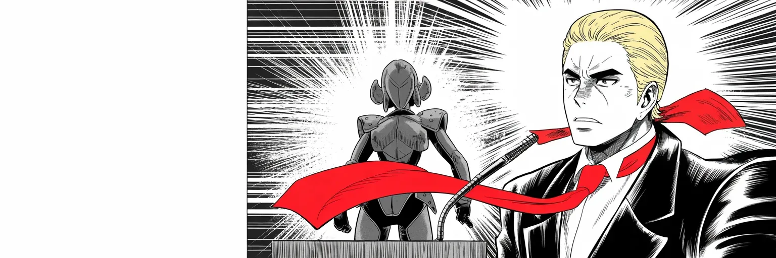 Manga panel 5 of 5, Week 67 “The First Duel”: imposing older man with a sweeping golden pompadour mane, heavy brow, small intense eyes, strong jowled jaw, long dark suit, very long red necktie flowing like a battle banner at a debate podium…