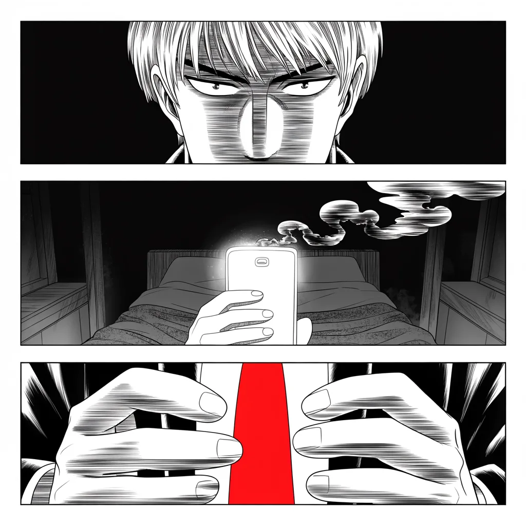 Manga panel 2 of 5, Week 68 “Awake to Answer the Call”: extreme close-up of thumbs over a glowing phone screen held in the middle strip of the frame in a pitch-dark bedroom, harsh light carving a heavy-browed face out of blackness, coils of ink-black…