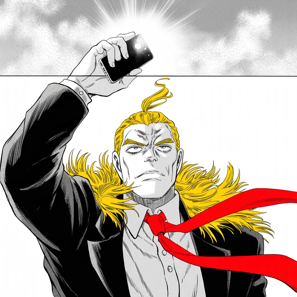 Manga panel 3 of 5, Week 68 “Awake to Answer the Call”: shot from below, imposing older man with a sweeping golden pompadour mane, heavy brow, small intense eyes, strong jowled jaw, long dark suit, very long red necktie flowing like a battle banner…