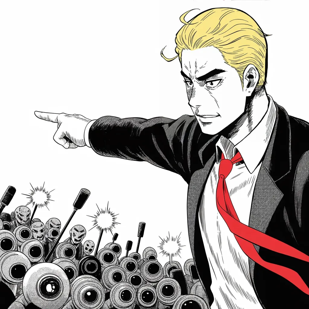 Manga panel 4 of 5, Week 68 “Awake to Answer the Call”: imposing older man with a sweeping golden pompadour mane, heavy brow, small intense eyes, strong jowled jaw, long dark suit, very long red necktie flowing like a battle banner hurls a pointing arm…