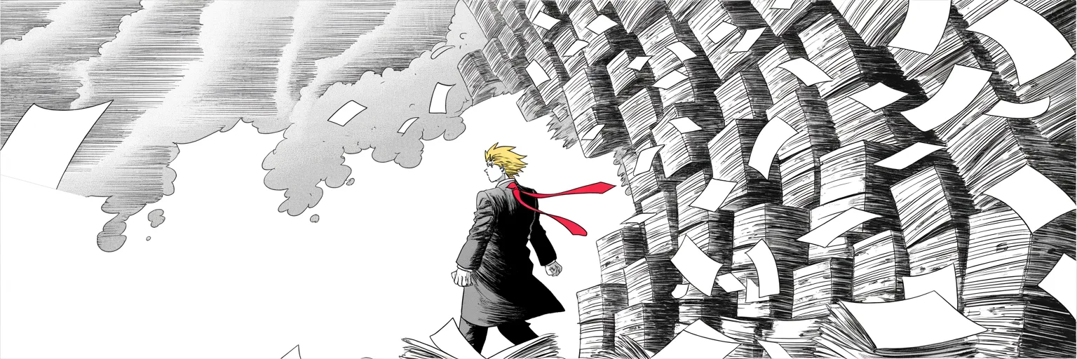 Manga panel 5 of 5, Week 68 “Awake to Answer the Call”: storm of old blank documents swirling through a canyon of dark newspaper-office towers filling the right two-thirds of the frame; below, a lone heavyset figure in a long dark suit walks calmly…
