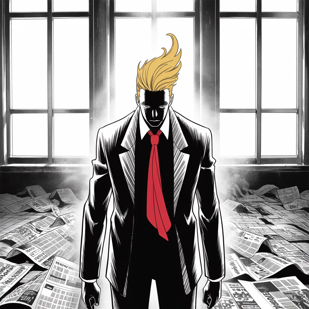 Manga panel 2 of 5, Week 69 “The Week Built to Kill Him”: cold morning light through tall tower windows; imposing older man with a sweeping golden pompadour mane, long dark suit, very long red necktie flowing like a battle banner, seen entirely from behind…