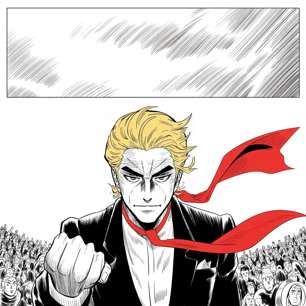 Manga panel 3 of 5, Week 69 “The Week Built to Kill Him”: shot from below, imposing older man with a sweeping golden pompadour mane, heavy brow, small intense eyes, strong jowled jaw, long dark suit, very long red necktie flowing like a battle banner…
