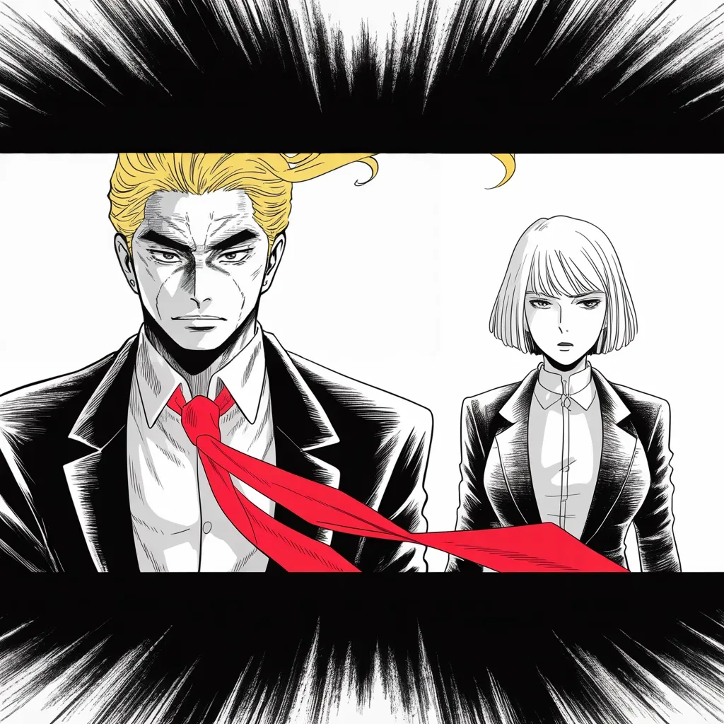 Manga panel 4 of 5, Week 69 “The Week Built to Kill Him”: two facing podiums across the middle strip of the frame: imposing older man with a sweeping golden pompadour mane, heavy brow, small intense eyes, strong jowled jaw, long dark suit, very long red…