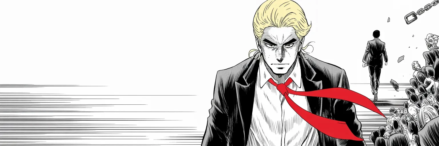 Manga panel 5 of 5, Week 69 “The Week Built to Kill Him”: a suited figure walks away into cold light in the far right distance; imposing older man with a sweeping golden pompadour mane, heavy brow, small intense eyes, strong jowled jaw, long dark suit…