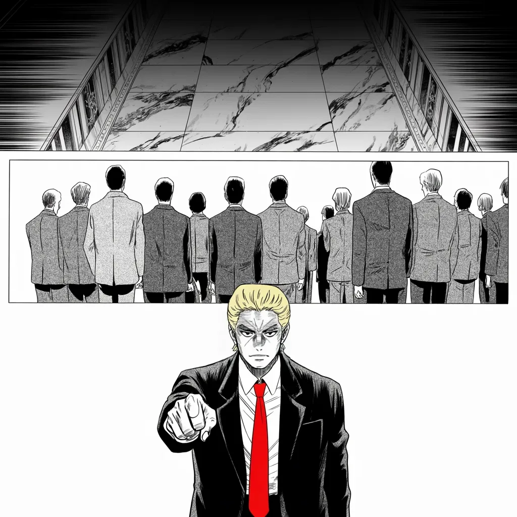 Manga panel 2 of 5, Week 70 “The Shackles Are Off”: a long row of faceless men in neat suits turning their backs and walking into shadow down a marble hall across the middle strip of the frame; in the lower foreground a heavyset figure in a long dark…