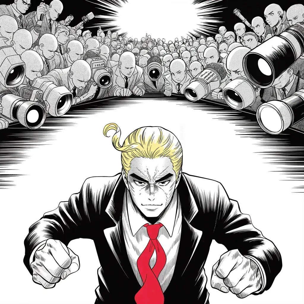 Manga panel 3 of 5, Week 70 “The Shackles Are Off”: lone heavyset man with a sweeping golden pompadour mane and very long tie in the lower half of the frame faces a surging crowd of featureless figures with camera lenses for faces pressing along the…
