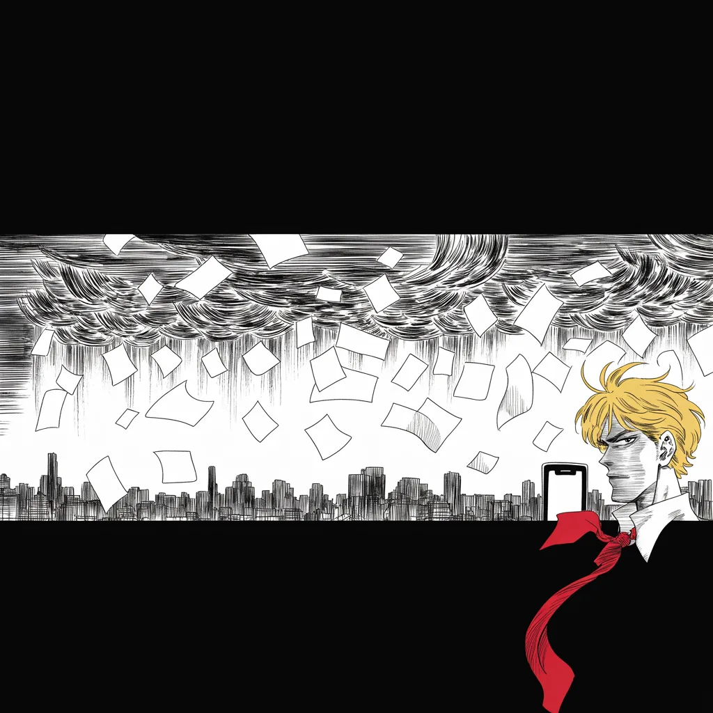 Manga panel 4 of 5, Week 70 “The Shackles Are Off”: all subject matter confined to one thin horizontal strip across the exact middle of the frame: a torrent of loose letters and documents pours sideways over a low city skyline like driven rain…