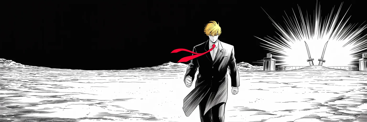Manga panel 5 of 5, Week 70 “The Shackles Are Off”: a lone heavyset figure in a long dark suit, very long tie streaming behind him, walks across an empty desert plain at night in the center right of the frame toward a distant blazing arena of light…