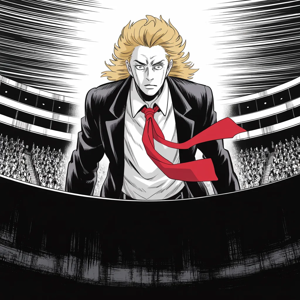 Manga panel 2 of 5, Week 71 “The Last Duel”: imposing older man with a sweeping golden pompadour mane, heavy brow, small intense eyes, strong jowled jaw, long dark suit, very long red necktie flowing like a battle banner strides off a debate…