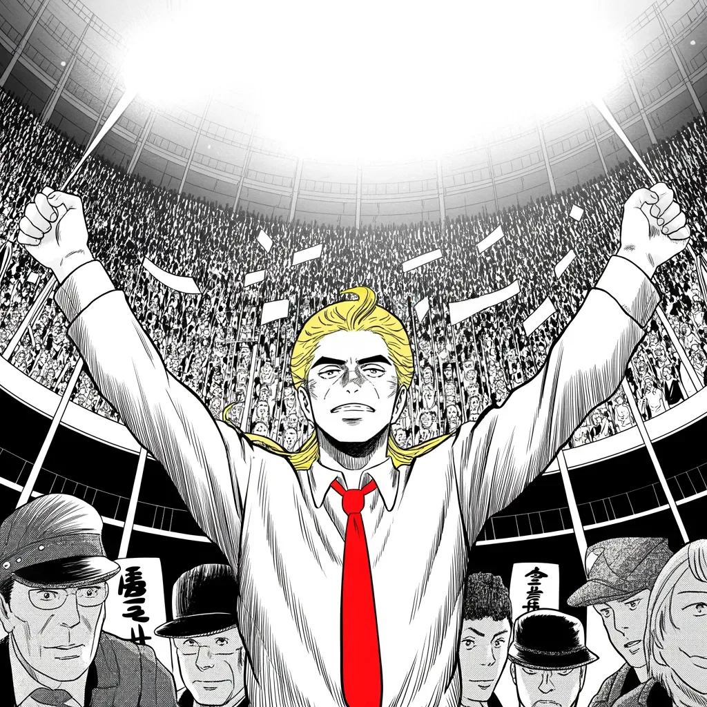 Manga panel 3 of 5, Week 71 “The Last Duel”: heavyset man with a sweeping golden pompadour mane and very long tie at a rally podium in the lower half of the frame, both arms raised in triumph to mid-frame before vast halftone crowd masses…