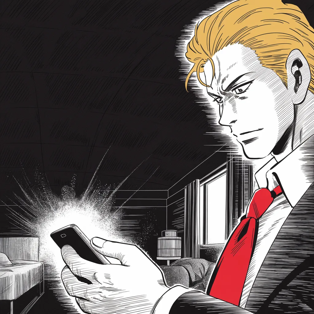 Manga panel 4 of 5, Week 71 “The Last Duel”: close-up of thumbs over a glowing phone screen rendered small and confined to the bottom right corner quarter of a dark hotel room at night, the light carving a heavy-browed jowled face out of…