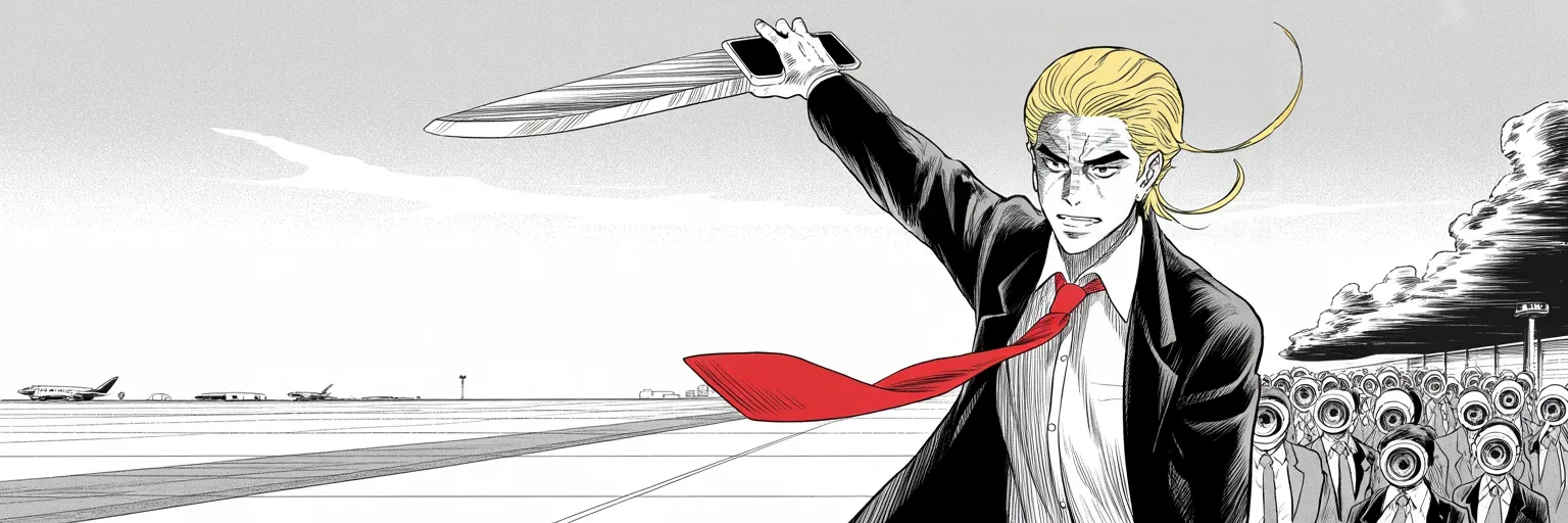 Manga panel 5 of 5, Week 71 “The Last Duel”: Ultra-wide cinemascope shot, dawn on an airport tarmac: imposing older man with a sweeping golden pompadour mane, long dark suit, very long red necktie snapping in the wind brandishes a phone…