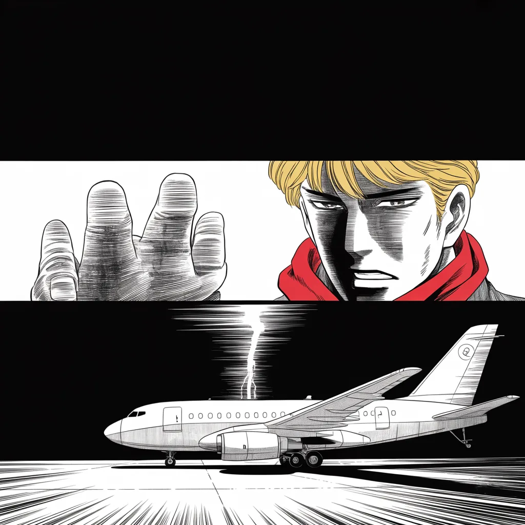 Manga panel 2 of 5, Week 72 “The Director's Letter”: night tarmac beside a landed campaign plane; across the middle strip of the frame, close-up of thumbs over a glowing phone screen, the light carving a heavy-browed jowled face from darkness as a…