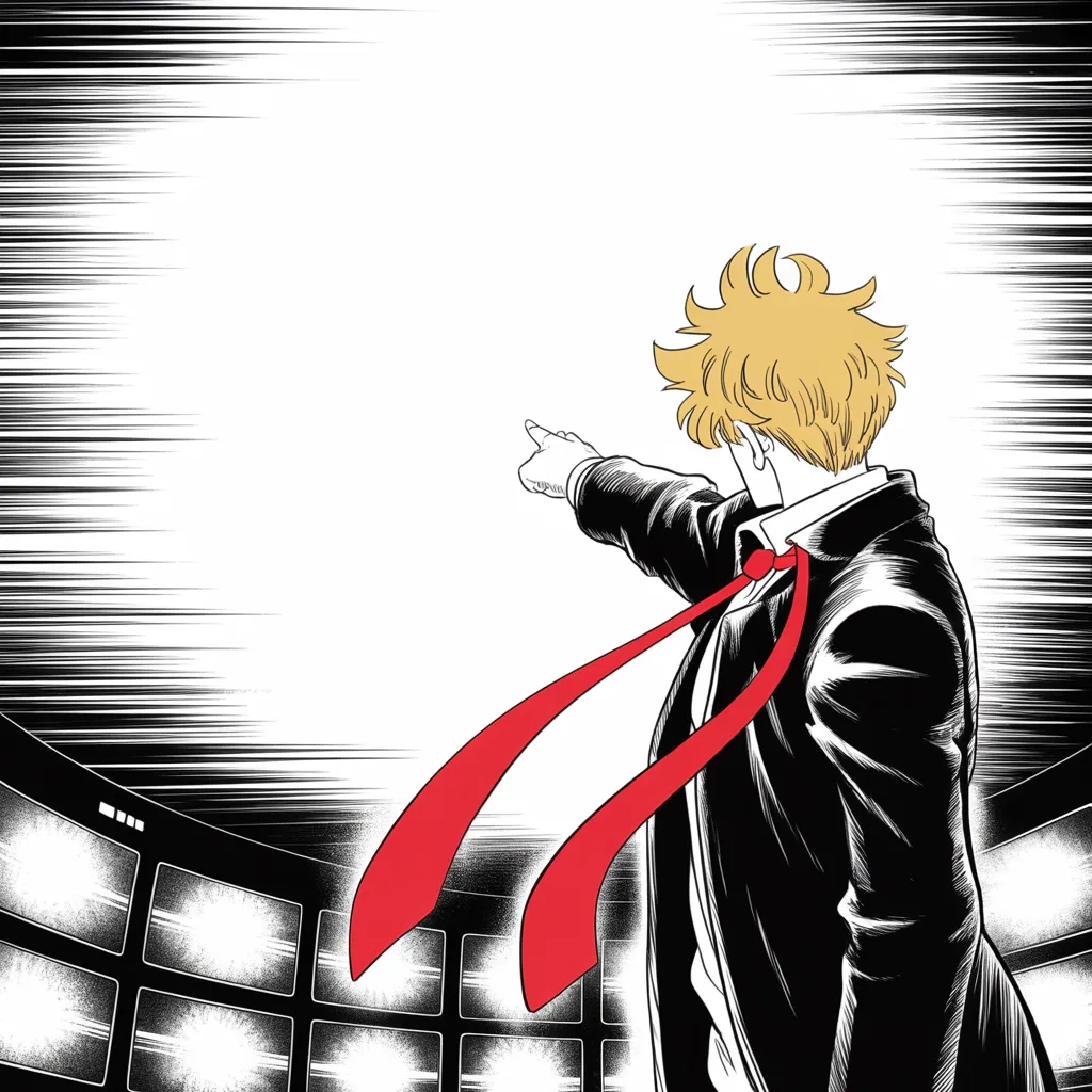 Manga panel 3 of 5, Week 72 “The Director's Letter”: Black and white manga panel: an imposing older man with a sweeping golden pompadour mane seen entirely from behind at the lower right, long dark coat, very long red necktie tail streaming, pointing…