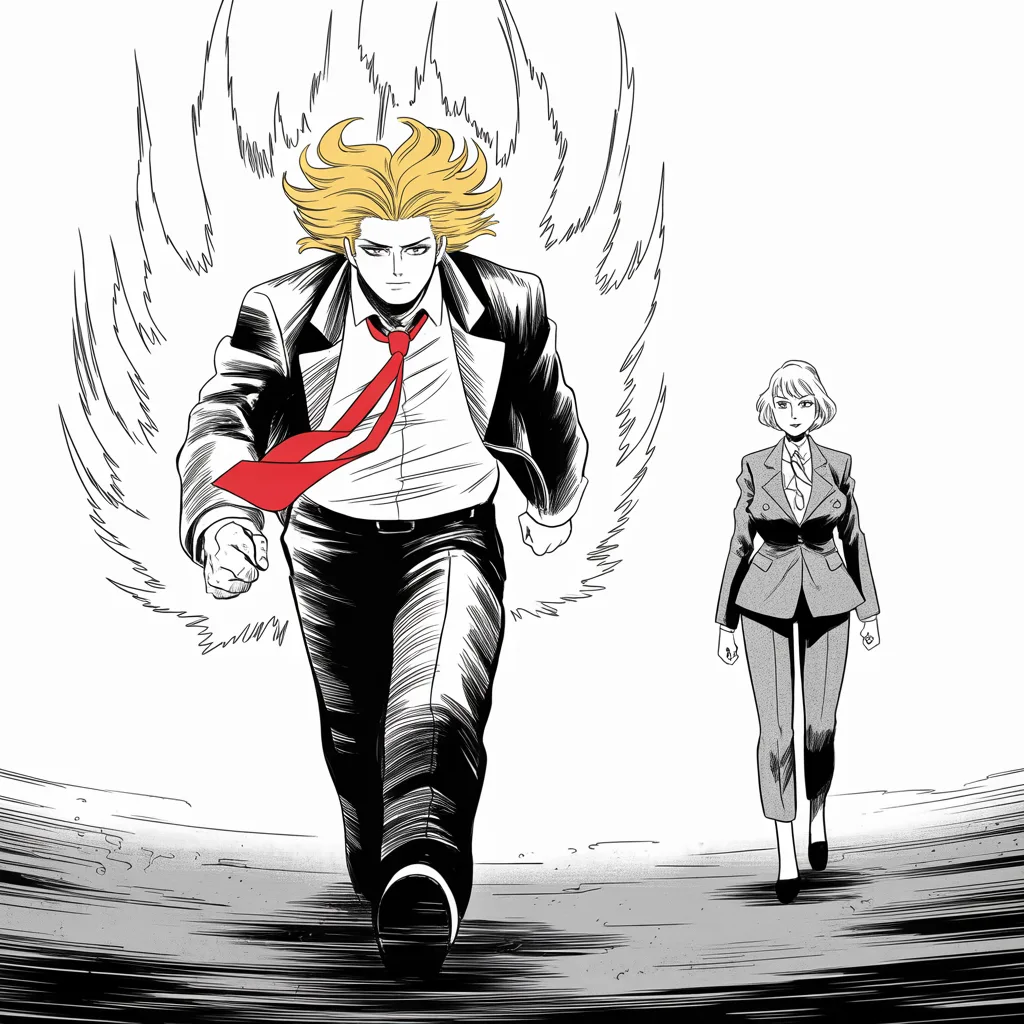 Manga panel 4 of 5, Week 72 “The Director's Letter”: heavyset man with a sweeping golden pompadour mane and very long tie strides forward through the upper half of the frame wreathed in rising battle aura lines like flame; far behind him in the upper…