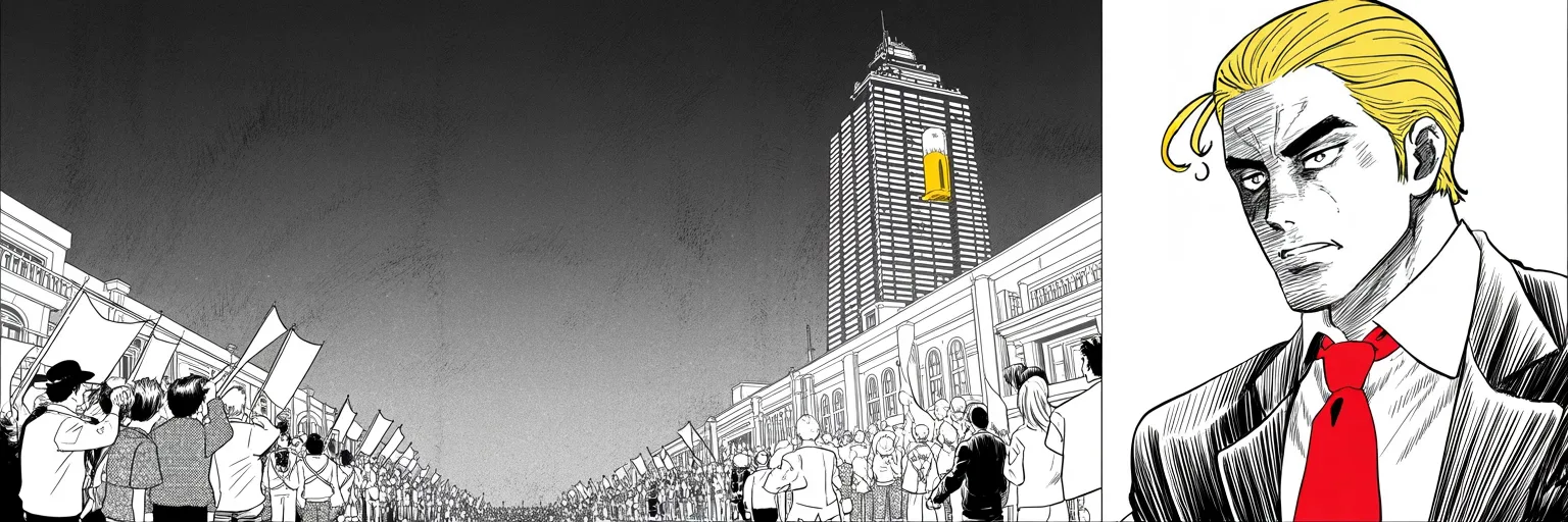 Manga panel 5 of 5, Week 72 “The Director's Letter”: Ultra-wide cinemascope shot, dusk over a towering fortress-like skyscraper shot from street level rising through the right third of the frame; halftone crowds gather in the avenue along the bottom…