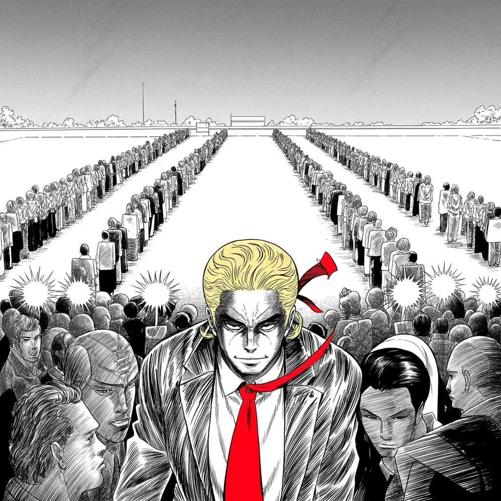 Manga panel 2 of 5, Week 73 “The Impossible Night”: long lines of halftone citizen masses winding toward polling stations across the lower half of the frame under a gray sky; an imposing older man with a sweeping golden pompadour mane and very long…