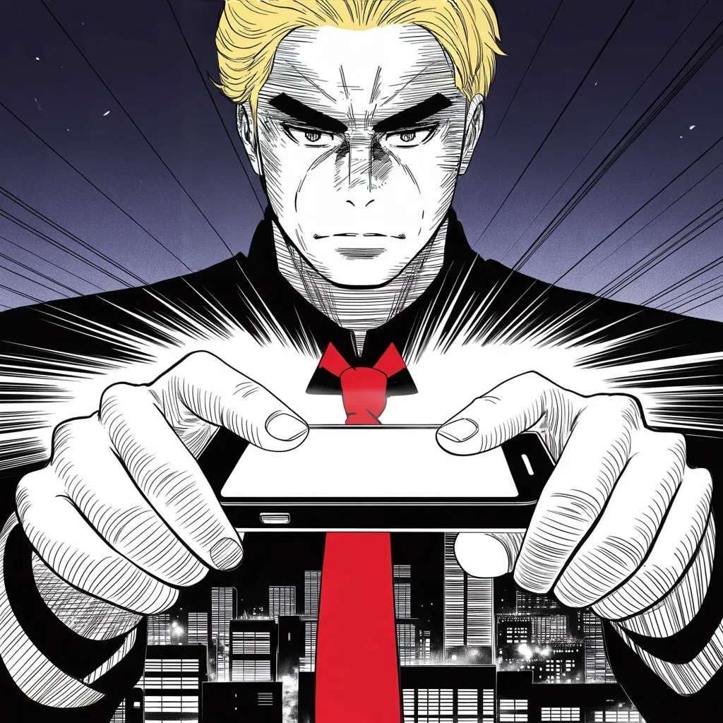 Manga panel 3 of 5, Week 73 “The Impossible Night”: extreme close-up of thumbs over a glowing phone screen at dusk in the lower half of the frame, city lights smearing through a window at mid-frame behind; a heavy-browed jowled face lit from below…