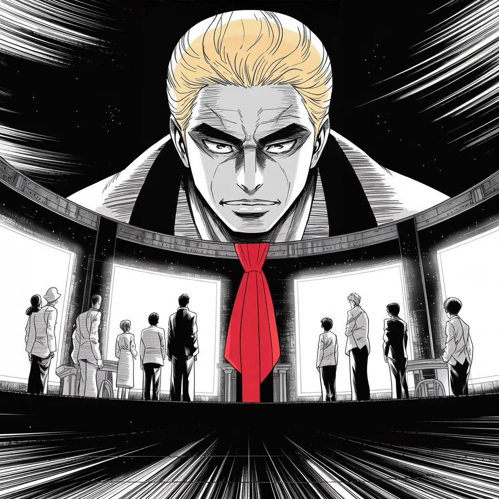 Manga panel 4 of 5, Week 73 “The Impossible Night”: high room in a dark tower at night: across the middle strip of the frame, family and allies as silhouettes gathered before glowing wall screens, an imposing older man with a sweeping golden…