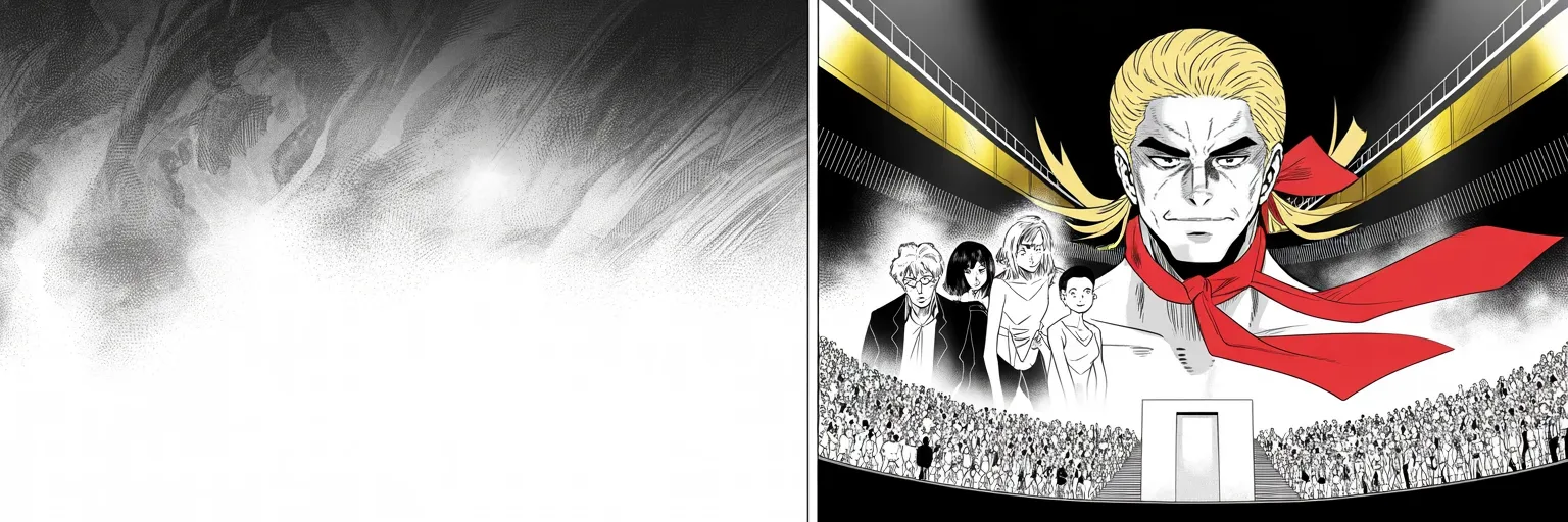 Manga panel 5 of 5, Week 73 “The Impossible Night”: Ultra-wide cinemascope shot from below: imposing older man with a sweeping golden pompadour mane, heavy brow, very long red necktie flowing like a battle banner at a victory podium in the small…