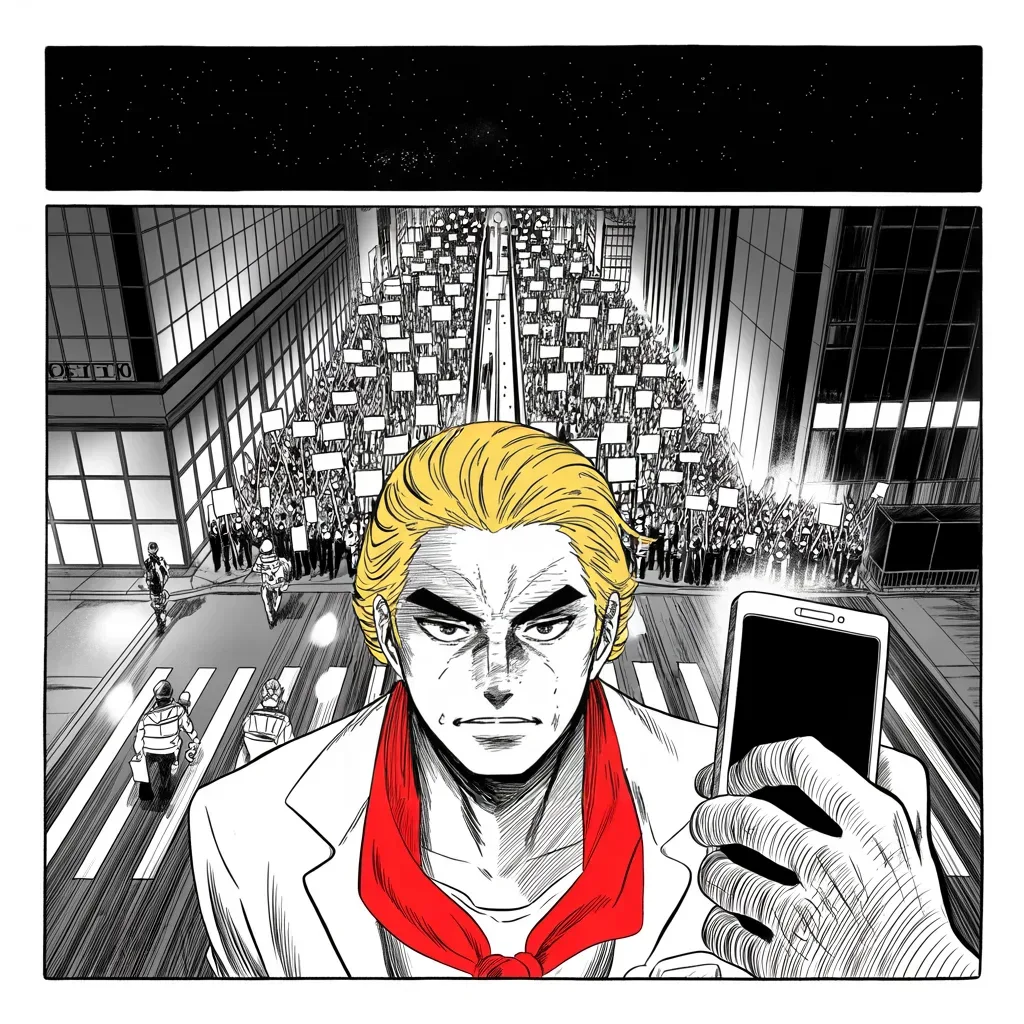 Manga panel 2 of 5, Week 74 “The Morning After”: Night protests flood the streets between the glass towers while Donarudo answers them from his glowing phone.