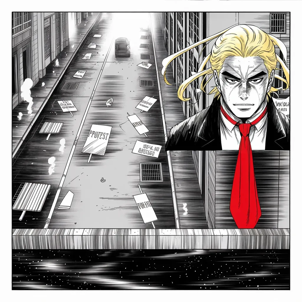 Manga panel 3 of 5, Week 74 “The Morning After”: By morning the streets stand empty, and from his tower window Donarudo praises the very protesters he condemned overnight.