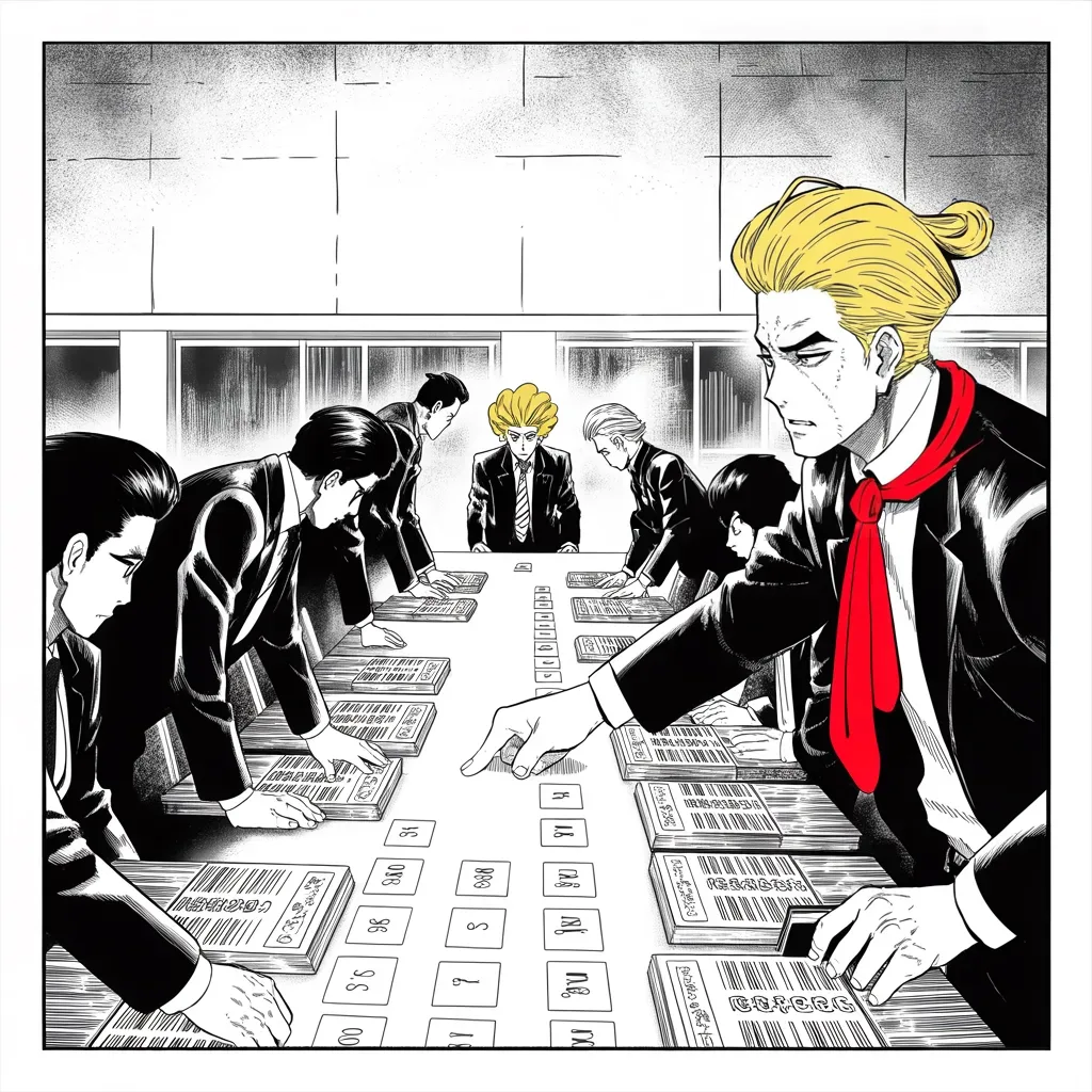 Manga panel 4 of 5, Week 74 “The Morning After”: In the tower war room Donarudo points at name cards spread across a long table, choosing who will run his government.
