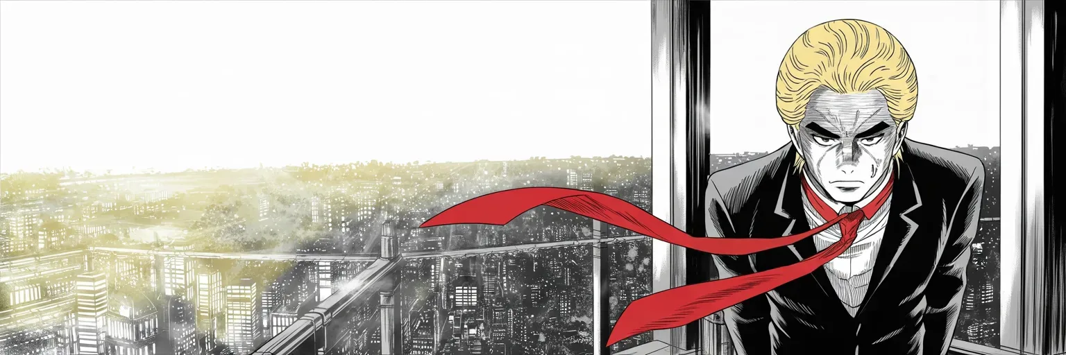 Manga panel 5 of 5, Week 74 “The Morning After”: Donarudo stands at his tower window at dusk above the glittering city, vowing that all Americans will unite and win.