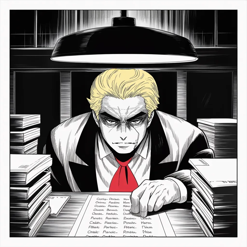 Manga panel 2 of 5, Week 75 “The Tower Court”: Alone at his desk by lamplight, Donarudo studies a handwritten list of cabinet finalists that only he has seen.