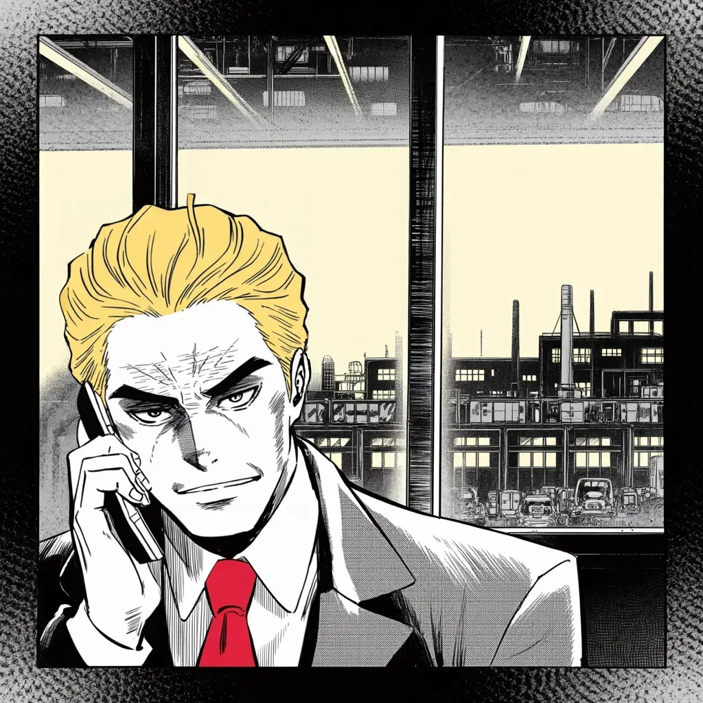 Manga panel 3 of 5, Week 75 “The Tower Court”: Phone to his ear, Donarudo hears a car company chairman promise that the Kentucky plant will stay in America.