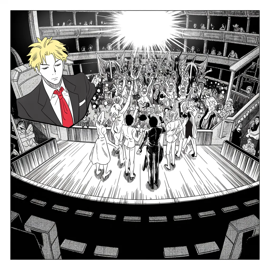 Manga panel 4 of 5, Week 75 “The Tower Court”: From the stage of a grand theater the cast addresses the quiet lieutenant seated in the balcony while the crowd jeers.