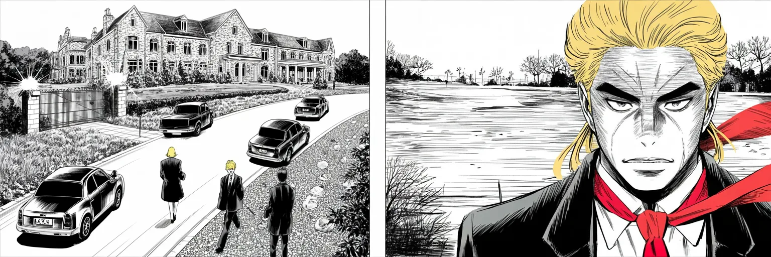 Manga panel 5 of 5, Week 75 “The Tower Court”: Dark cars climb to a gray country clubhouse where cabinet hopefuls arrive one by one for weekend auditions.