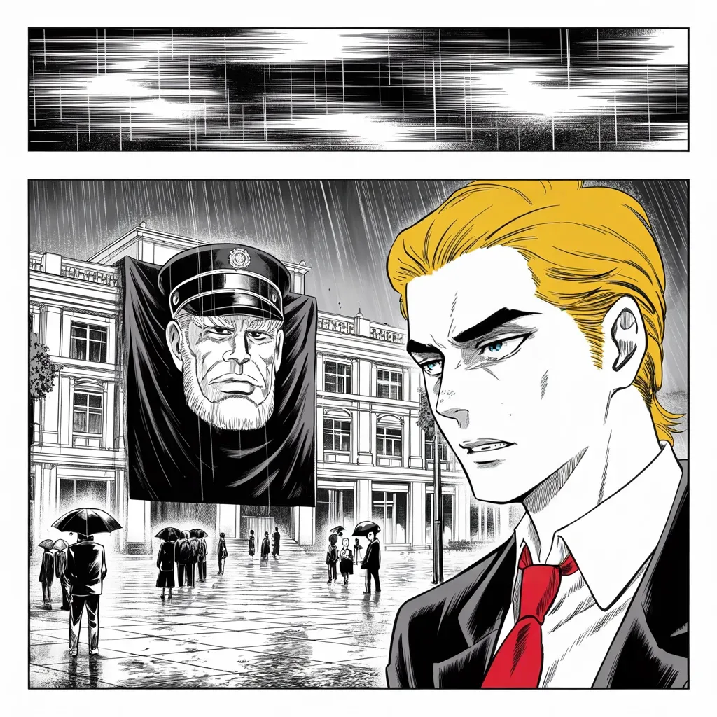Manga panel 3 of 5, Week 76 “The Feast and the Recount”: A black-draped portrait of the old island dictator hangs over a rain-soaked plaza as word of his death arrives.