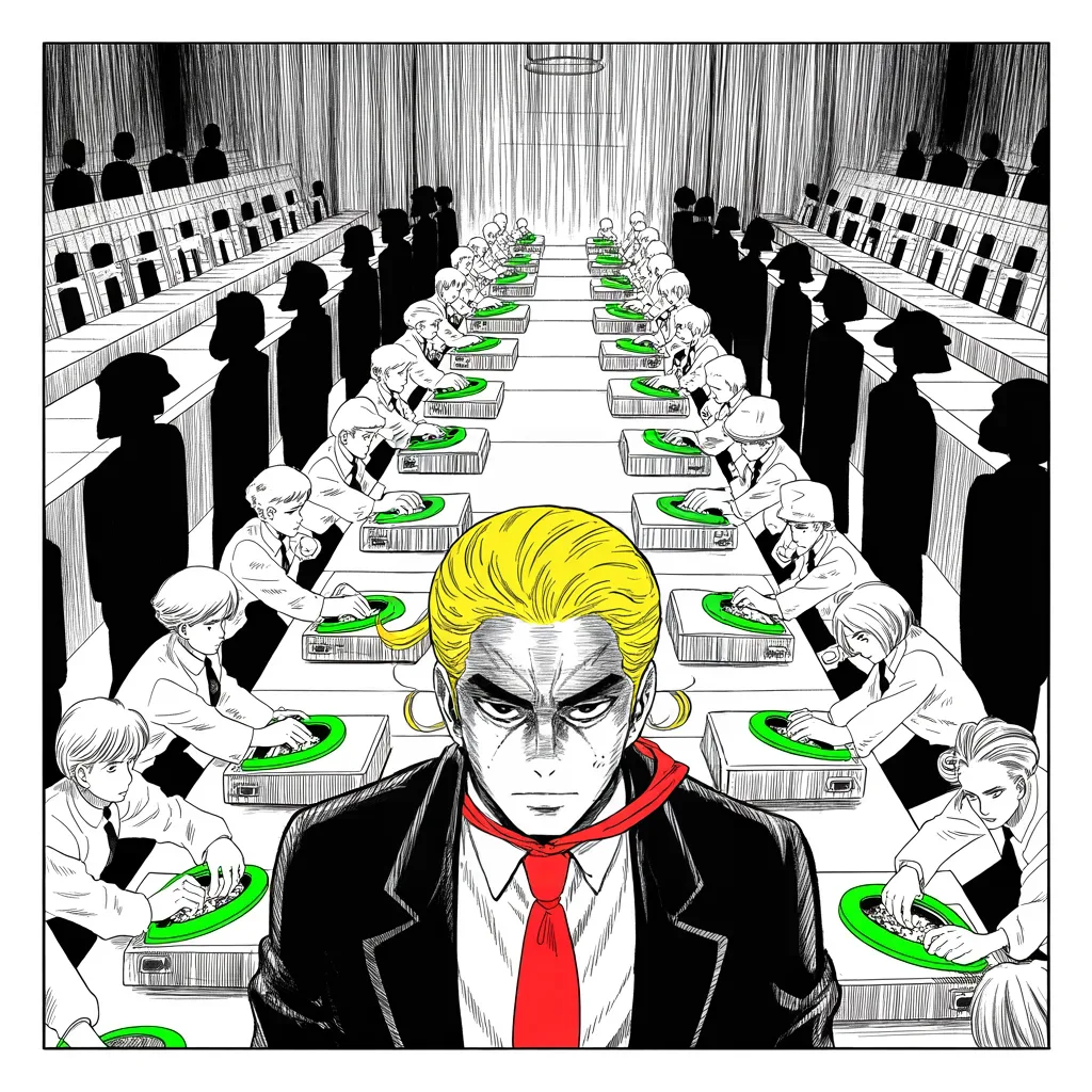 Manga panel 4 of 5, Week 76 “The Feast and the Recount”: Clerks hunch over ballot boxes under green lamps as the recount begins, and Donarudo scorns it as a fundraising scam.