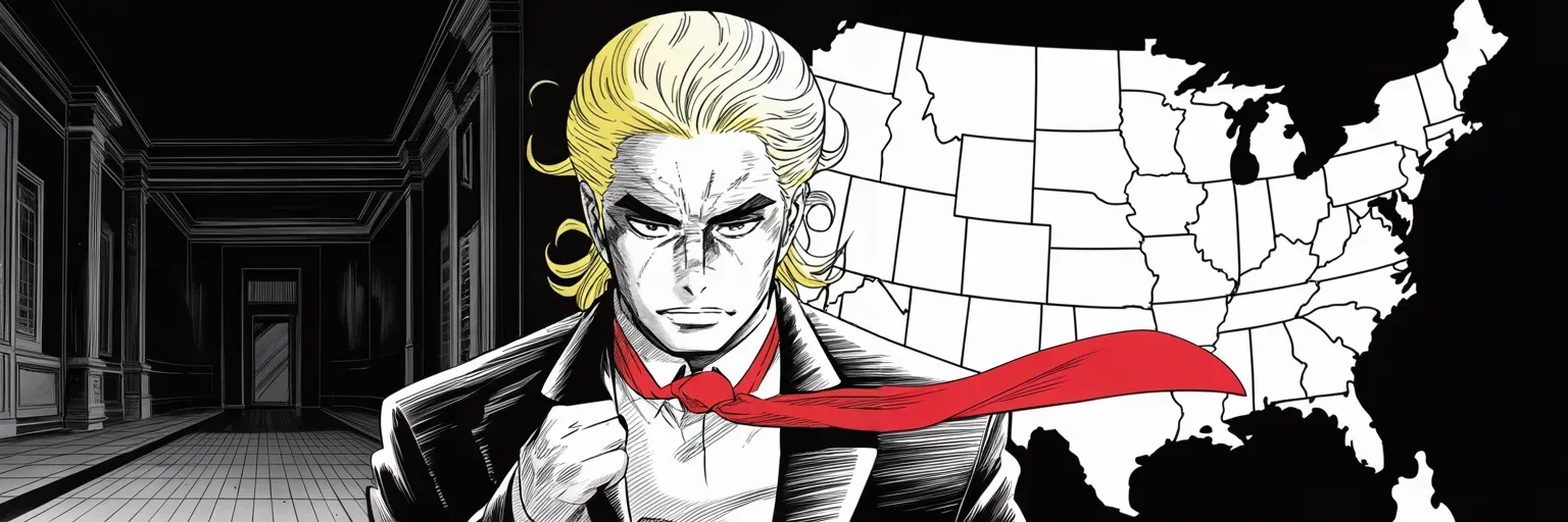 Manga panel 5 of 5, Week 76 “The Feast and the Recount”: Before a glowing map of his electoral landslide, Donarudo claims that phantom millions denied him the popular vote as well.