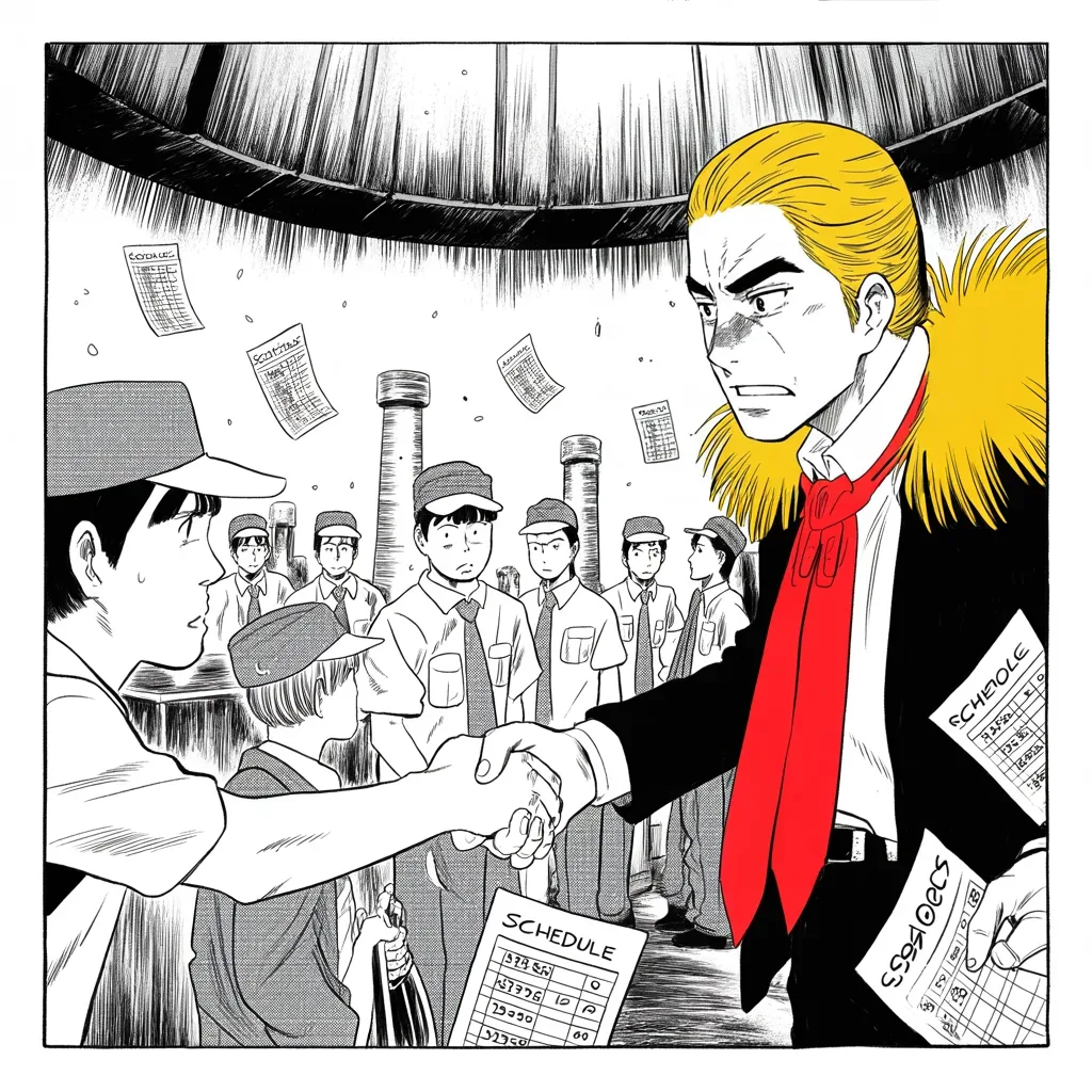 Manga panel 2 of 5, Week 77 “Consequences”: On the factory floor Donarudo shakes hands with furnace-company workers whose jobs he vows will stay in Indiana.