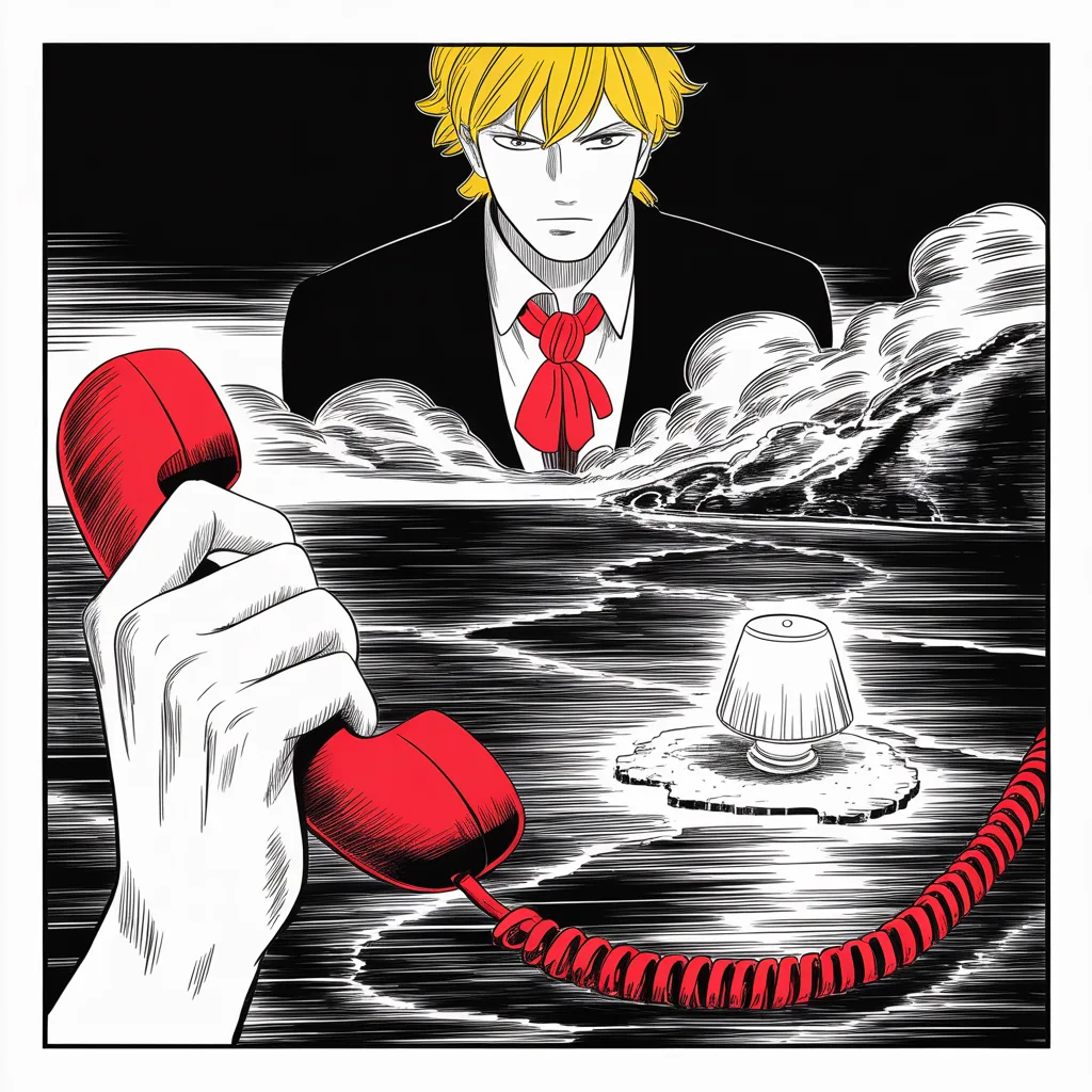 Manga panel 3 of 5, Week 77 “Consequences”: A red telephone links Donarudo to a small island democracy across a dark map of the ocean, and an old protocol breaks.
