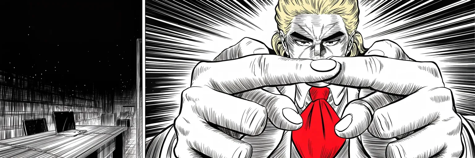 Manga panel 5 of 5, Week 77 “Consequences”: Thumbs hover over the glowing phone as Donarudo explains why he will never stop: the press leaves him no choice.