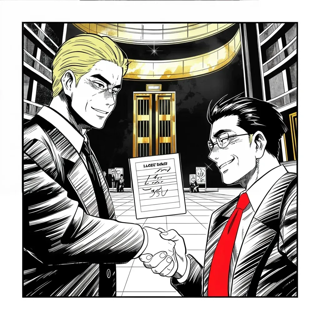 Manga panel 2 of 5, Week 78 “Cancel the Order”: In the gold lobby Donarudo clasps hands with a visiting magnate pledging fifty billion dollars and fifty thousand jobs.