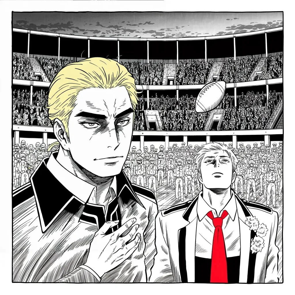 Manga panel 3 of 5, Week 78 “Cancel the Order”: From a draped box Donarudo watches the cadets fill a floodlit stadium for the Army-Navy game, hand over heart.