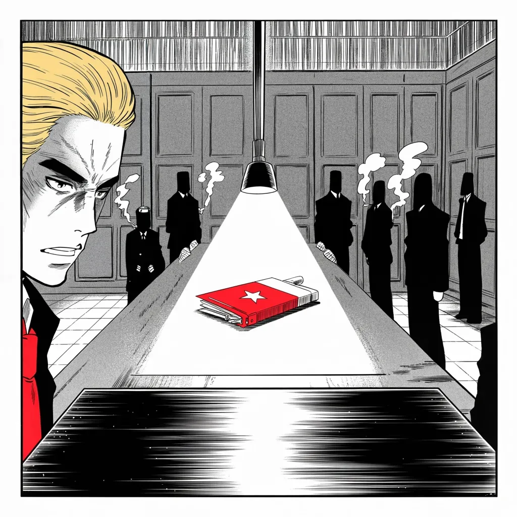 Manga panel 4 of 5, Week 78 “Cancel the Order”: A red intelligence file lies untouched in the lamplight as the argument over who tampered with the election goes public.