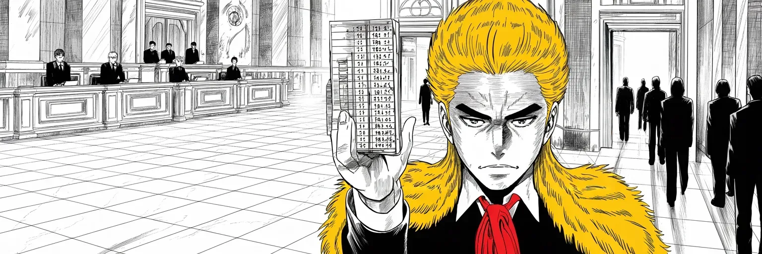 Manga panel 5 of 5, Week 78 “Cancel the Order”: Donarudo hoists the certified Wisconsin tally like a trophy while the recount's defeated sponsors file out of the hall.