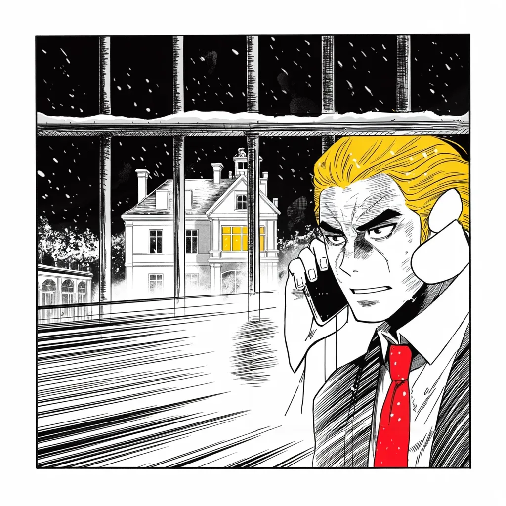 Manga panel 2 of 5, Week 79 “The Electors Speak”: Outside the iron railings of the lit mansion, Donarudo demands to know why the alarm over hacking came only after the loss.