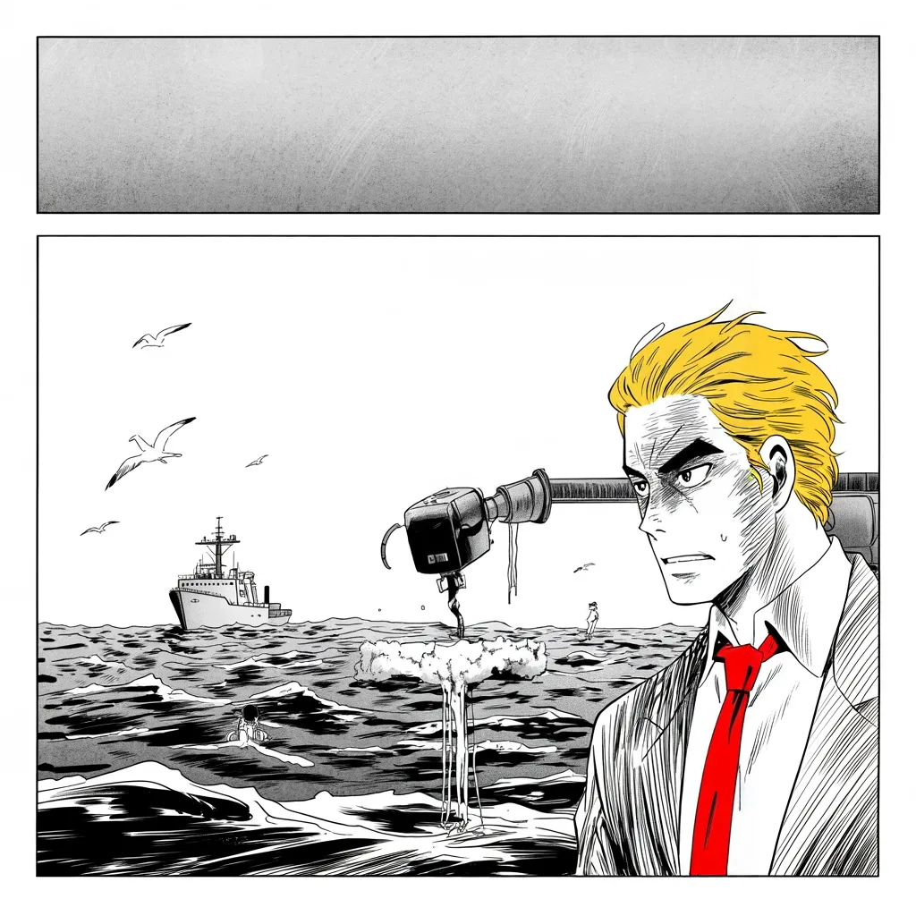 Manga panel 3 of 5, Week 79 “The Electors Speak”: A foreign crane hoists a captured research drone from the gray swell, and Donarudo shrugs: let them keep it.