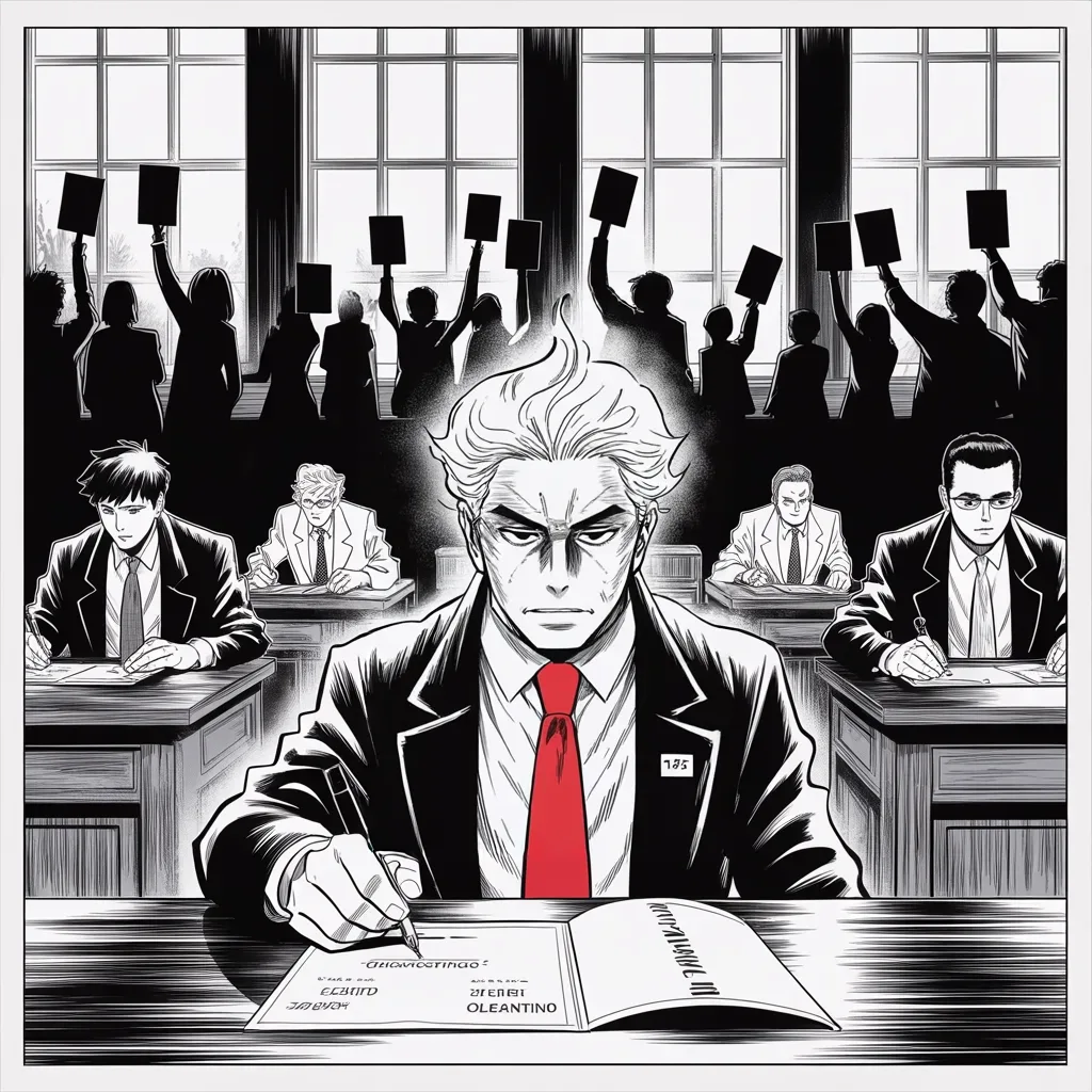 Manga panel 4 of 5, Week 79 “The Electors Speak”: Electors sign their certificates at wooden desks while protesters crowd the capitol windows outside in the cold.