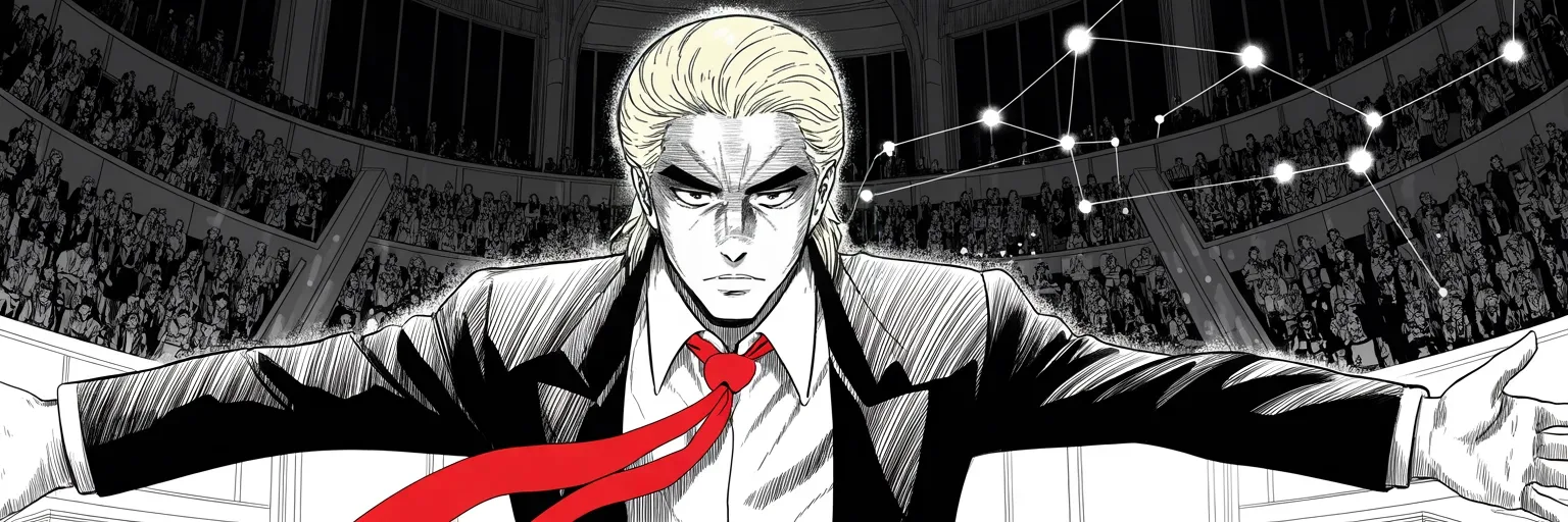 Manga panel 5 of 5, Week 79 “The Electors Speak”: Arms spread beneath a constellation of three hundred and four elector lights, Donarudo celebrates the vote made official.