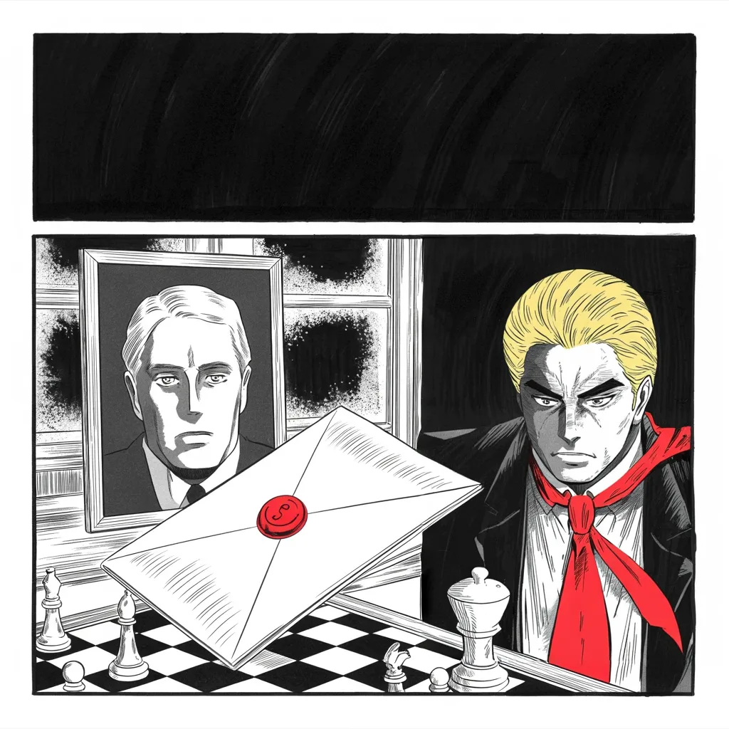 Manga panel 2 of 5, Week 80 “Peace on Earth”: A letter from the eastern president lies open beside a chessboard, its flattery about losing with dignity gladly received.