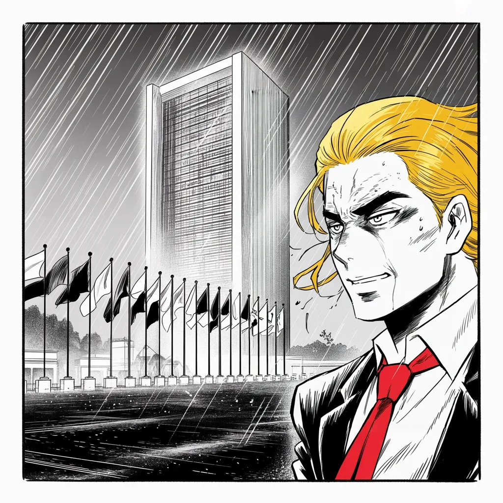 Manga panel 3 of 5, Week 80 “Peace on Earth”: The glass tower of the United Nations stands in cold rain as Donarudo promises things will be different after January 20th.