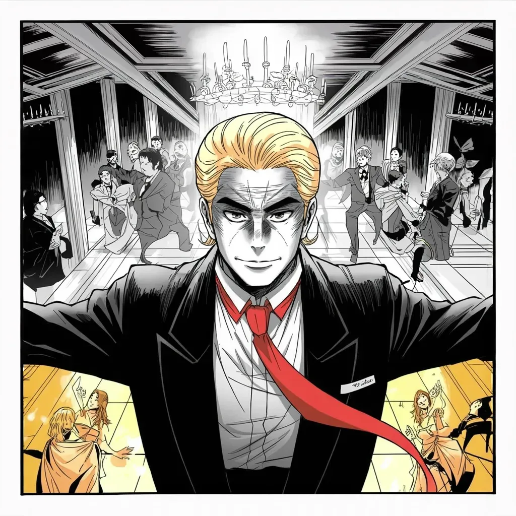 Manga panel 4 of 5, Week 80 “Peace on Earth”: Arms thrown wide beneath blazing chandeliers, Donarudo wishes everyone a very, very, very, very happy new year.